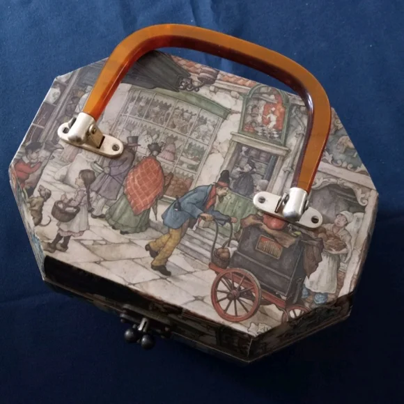 Vintage Victorian Decoupage Lucite Wood Tone Handle Trinket Box Handbag Purse - Picture 9 of 15